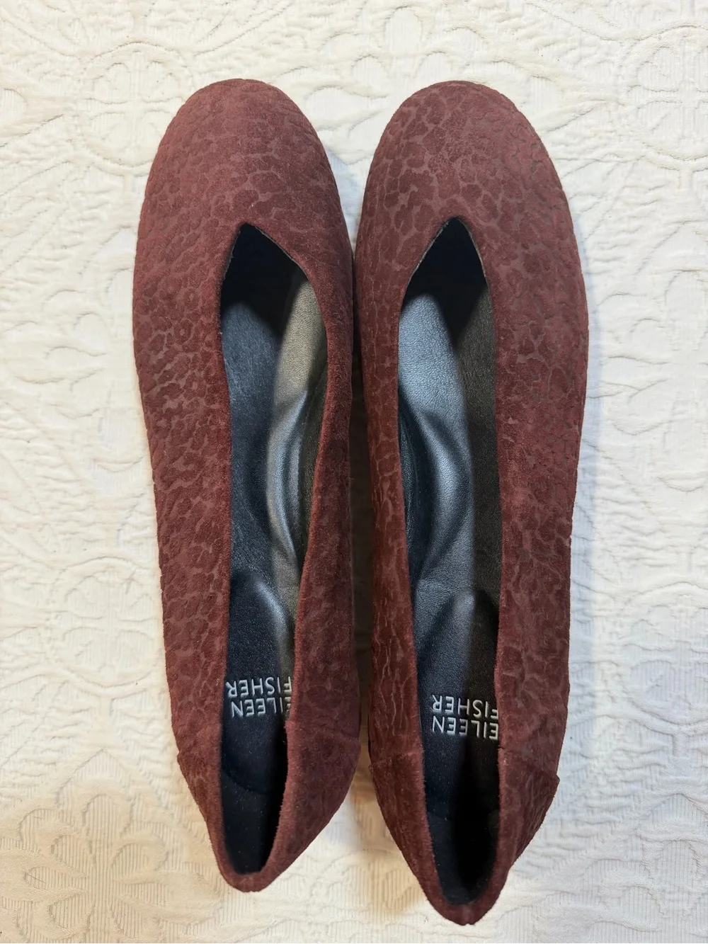 Eileen Fisher Suede Ballet Flats Burgundy 9.5 Leopard-Embossed Pattern Slip-on